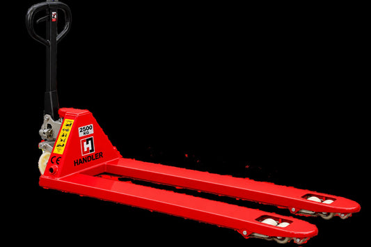 Transpalet manual Long Handler roșu cu furci lungi de 2000 mm, vedere laterală